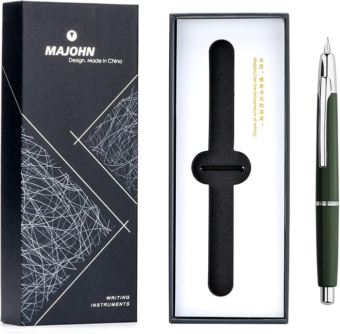 Majohn A2 Press Fountain Pen Extra Fine Nib with Box, Retractable Green Resin Ink Pen with Converter Writing Pen Set (Silver Clip Version）
