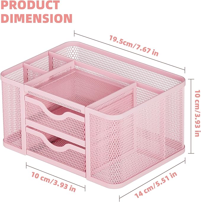 Marbrasse Mesh Desk Organizer, Pen Organizer with 2 Drawer, Multi-Functional Pencil Holder for Desk, Desk Organizers and Accessories with 5 Compartments + Drawer for Office Art Supplies (Pink)