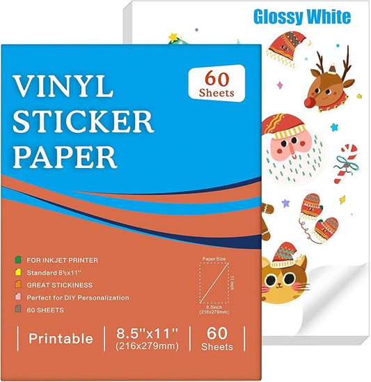 60 Sheets Premium Printable Vinyl Sticker Paper for Inkjet Printer, Glossy White Waterproof, Dries Quickly, Vivid Colors, Tear Resistant, 8.5x11 Inkjet Vinyl Sticker Paper Great for Cutting Machines