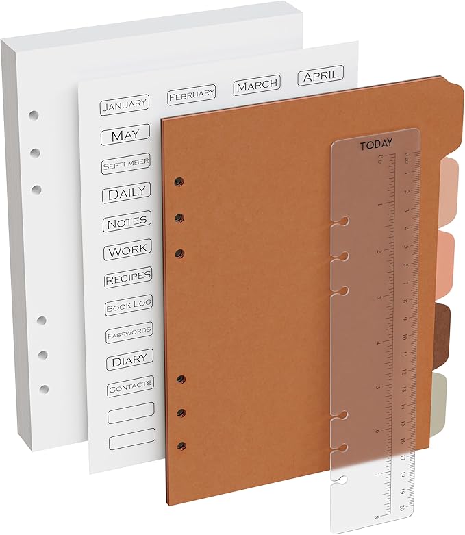 A5 Blank Paper 6-Hole Punched Accessory Kit - 50 Sheets, Ruler, Dividers, and Tab Stickers. 100 GSM, 148mm x 210mm (5.83" x 8.27")