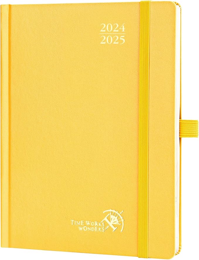 POPRUN Planner 2024-2025, [Medium 6.5'' x 8.5'' Hard Cover] Academic Calendar (July 24-June 25) Daily Weekly and Monthly Appointment Book with Hourly Time Slots, Monthly Tabs, 100 GSM - Light Yellow
