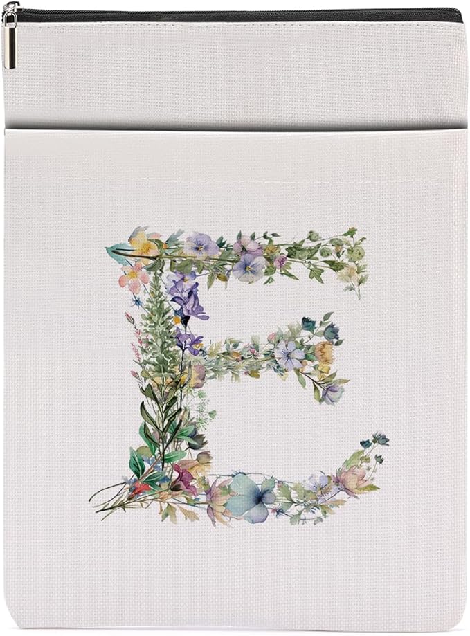 Monogrammed Book Sleeve Floral E Initial Book Pouch Book Accessories Book Lovers Gifts Waterproof Book Cover Book Protector Bookish Gifts Personalized Gifts for Women Girls Readers Bride Grandma