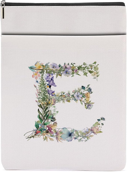 Monogrammed Book Sleeve Floral E Initial Book Pouch Book Accessories Book Lovers Gifts Waterproof Book Cover Book Protector Bookish Gifts Personalized Gifts for Women Girls Readers Bride Grandma