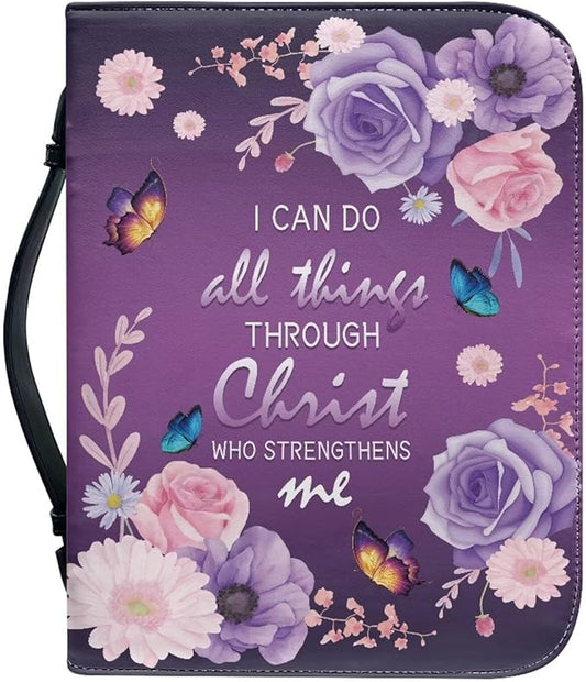 Lotusorchid Flower Butterfly Bible Bags for Women, Portable Bible Cover Bags for Girls, Christian Bible Study Accessories,I Can Do All Things Through Christ Who Strengthens Me Bible Verse, M
