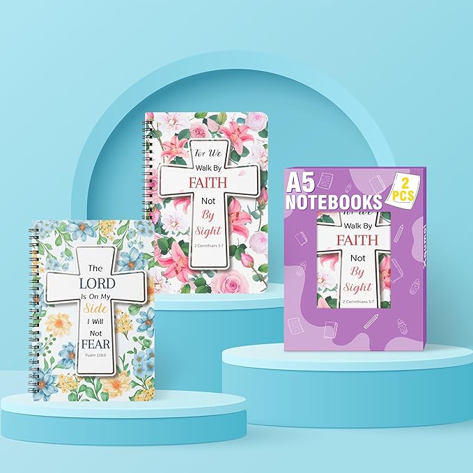 2Pack A5 Floral Cross Religious Spiral Notebooks - Bible Verses Writing Notebooks, Ruled Hardbound Lined Journal, Inspirational Christian Christmas Gift, Sunday School Supply (Pink & Blue)