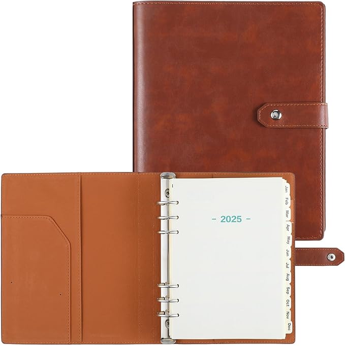 2025 Leather Planner A5 Leather 6 Ring Binder Planner Leather Binder Journal with Binder Pockets for Men and Women