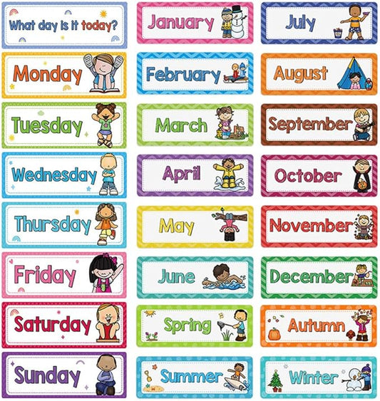 Lachilly 24 Pcs, 3 Themes Days of The Week/Seasonal/Months of The Year Flash Cards Subject Titles for Bulletin Board Headliners Classroom Decoration English Words