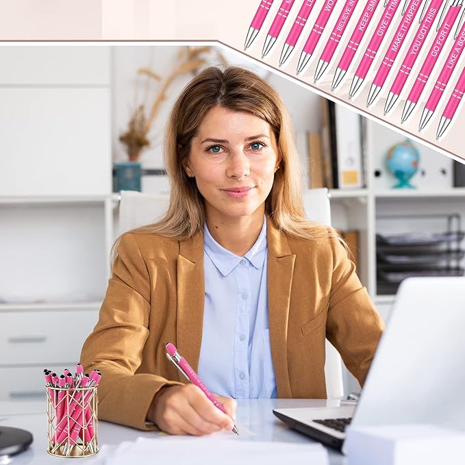 Zonon 12 Pieces Inspirational Pens Bulk Easter Basket Stuffers Motivational Quotes Ballpoint Pens with Stylus Tip Inspirational Gifts for School Office Teachers(Pink,Boss Lady)