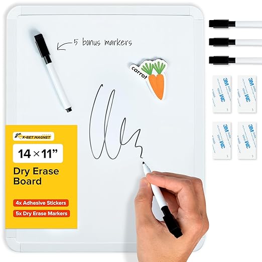 X-Bet Dry Erase Board, 14"x11", White & Modern Frame, Includes 5 Markers - Ideal for Kids, Students & Home Office