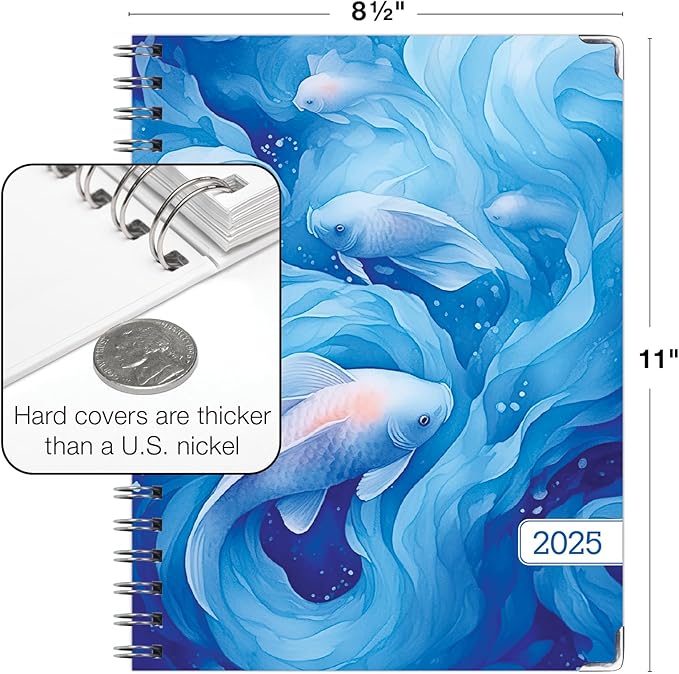 HARDCOVER 2025 Planner, 8.5"x11": 14 Months (November 2024 - December 2025), Daily Weekly Monthly Planner, Yearly Agenda, Bookmark, Pocket Folder and Sticky Note Set (Blue Koi)