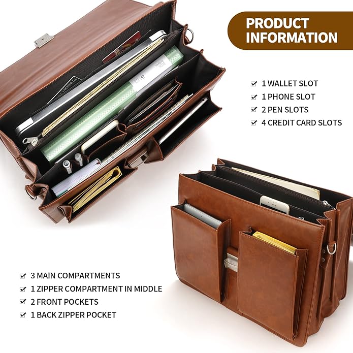 Jack&Chris Mens New PU Leather Attache Briefcase Traditional Messenger Lawyer Bag, MBYX015