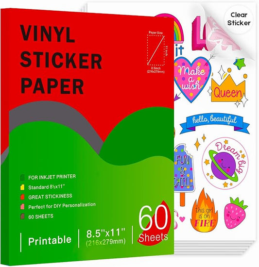 Premium Printable Clear Vinyl Sticker Paper for Inkjet Printers, 60 Sheets Transparent Paper of 8.5x11 "DIY Personalized Self-adhesive Paper That is Tear Resistant, Waterproof Labels,Easy to Cut