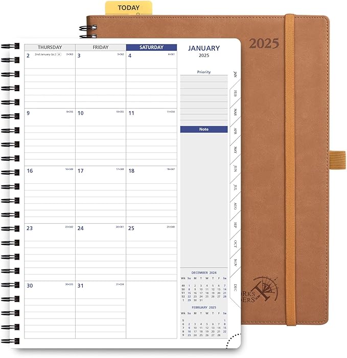 POPRUN 2025 Monthly Calendar Spiral Bound with Monthly Tabs 8.5" x 11", Large Writing Space Monthly Planner with PU Leather Soft Cover, Dual Pockets, Sunday Start - Brown