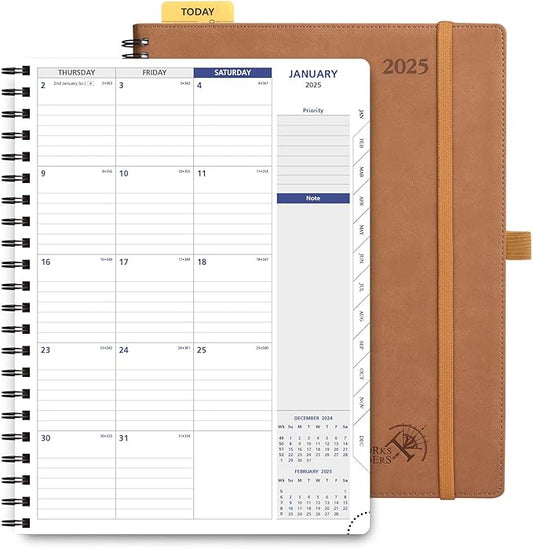 POPRUN 2025 Monthly Calendar Spiral Bound with Monthly Tabs 8.5" x 11", Large Writing Space Monthly Planner with PU Leather Soft Cover, Dual Pockets, Sunday Start - Brown