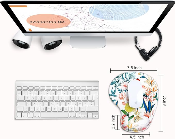 JIKIOU Mouse Pad, 2 Pack Ergonomic Mouse Pads with Comfortable Gel Wrist Rest Support and Lycra Cloth, Non-Slip PU Base for Easy Typing Pain Relief Durable and Easy to Clean Small White Flowers