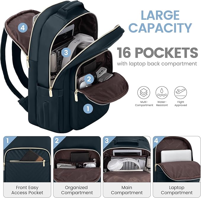 LOVEVOOK Leather Backpack for Women,17.3 inch Leather Laptop Backpack Women Computer Backpack Laptop Bag,Stylish Quilted Travel Backpack Purse Work Bag Teacher Backpack with USB Port,Dark Blue-green