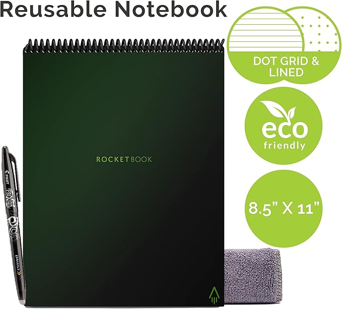 Rocketbook Smart Reusable Notebook, Flip Letter Size Spiral Notebook, Green, (8.5" x 11")