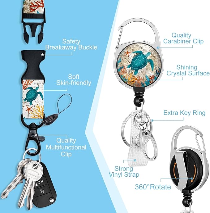 Lanyards for Id Badges, Badge Holder with Retractable Reel Clip, Sea Turtle Cute Card Name Tag Lanyard Vertical ID Card Protector Case for Women Nurse Nursing Doctor Teacher Student Kids