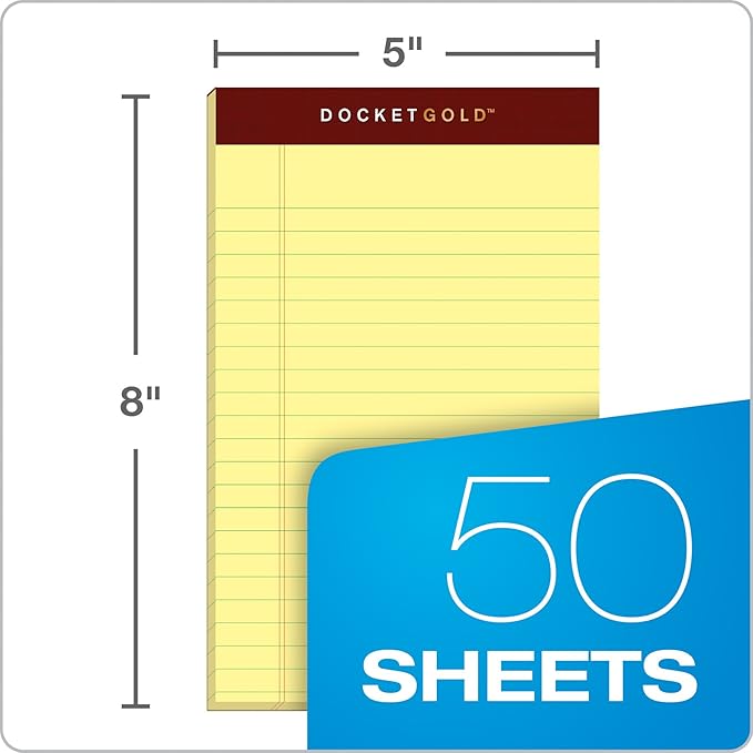 TOPS Docket Gold Writing Pads, 5" x 8", Jr. Legal Rule, Canary Paper, 50 Sheets, 6 Pack (99704)