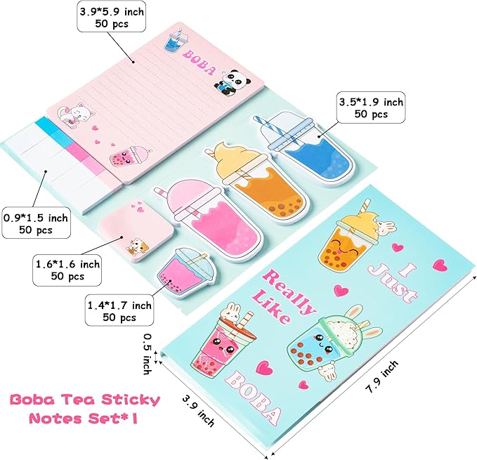 I Just Really Like Boba Sticky Notes Set, 550 Sheets, Cute Bubble Tea Self-Stick Notes Pads Milk Tea Theme Divider Tabs Bundle Writing Memo Pads Back to School Office Supplies Small Gift