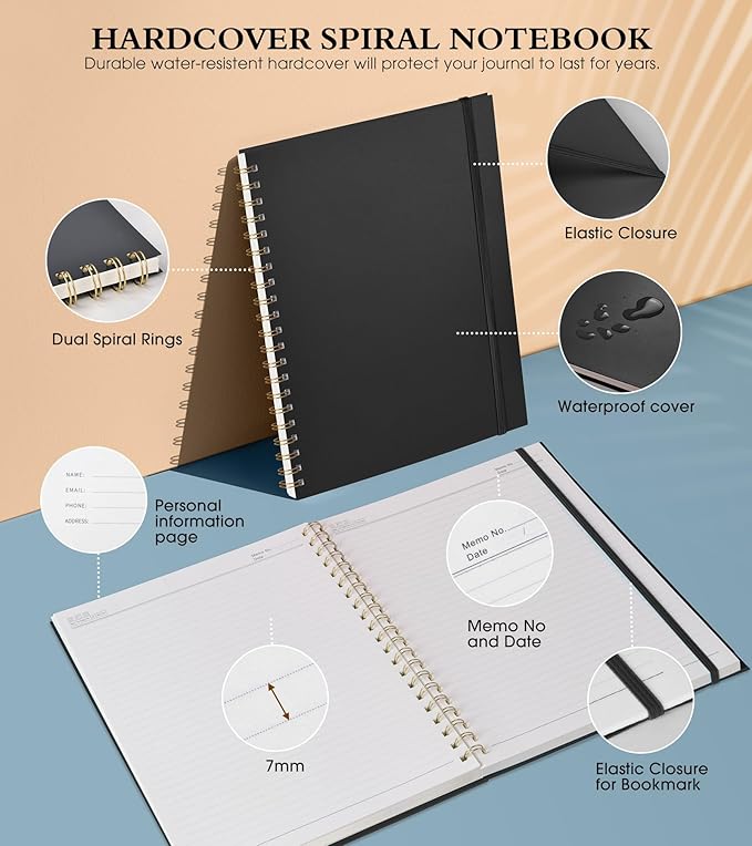 Spiral Notebook Journal 8.5” x 11”, A4 Large Notebooks for Women Men, College Ruled Lined Journal, 100 GSM Paper, Plastic Hardcover Spiral Bound Journals for Work School Note Taking Business, Black