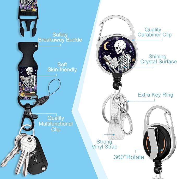 Lanyards for Id Badges, Funny Badge Holder with Retractable Badge Reel Clip, Skull Skeleton Reading Book Card Name Tag Lanyard Vertical ID Card Protector for Women Nurse Doctor Teacher Student