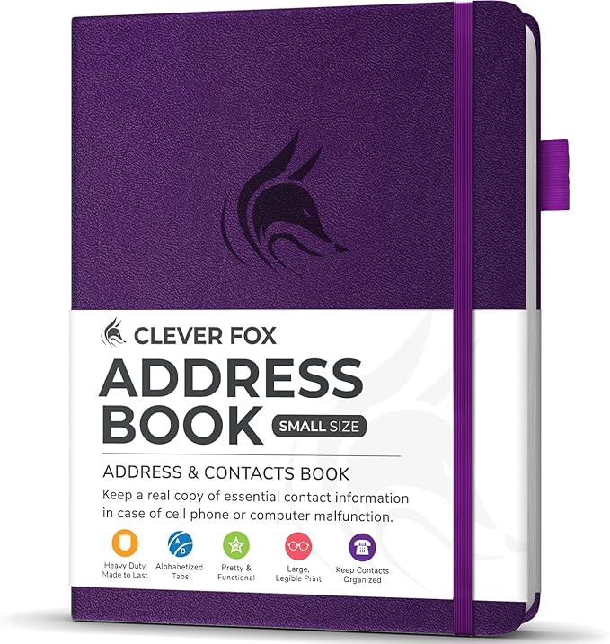 Clever Fox Address Book with alphabetic tabs - PU Leather Telephone and Address Book for Keeping Contacts Safe, Contact Organizer Journal, Small Size (4.0″ x 5.5″), Hardcover, Purple