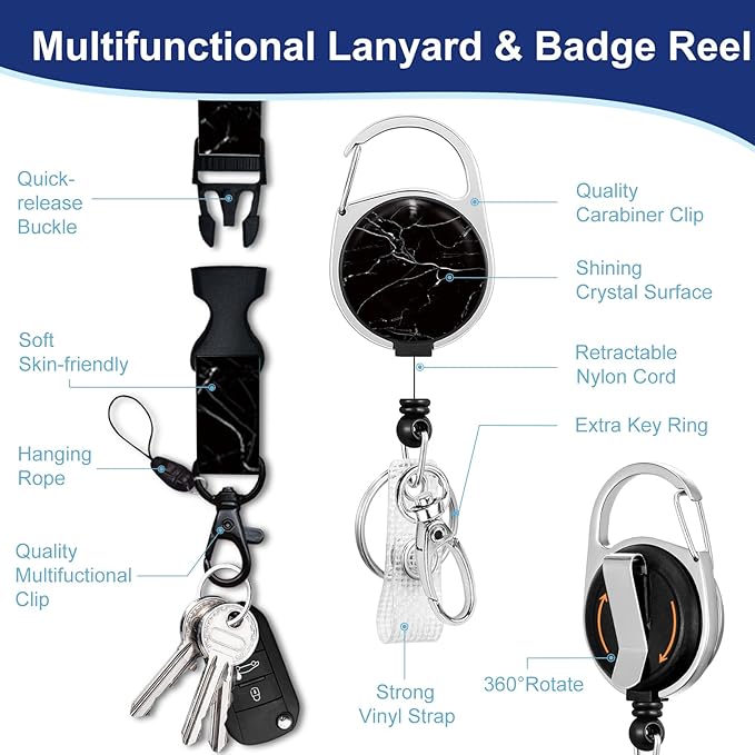 Black Marble Lanyards for Id Badges, Cute Badge Reel Heavy Duty with Carabiner Clip, Fashionable ID Badge Holder with Breakaway Lanyard, Teacher Nurse Office Gifts