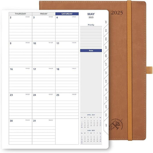 POPRUN 2025 Monthly Calendar 8.5" x 11", Large Writing Space Monthly Planner with PU Leather Soft Cover, Dual Pockets, Monthly Tabs, 100GSM Thick Paper, Sunday Start - Brown