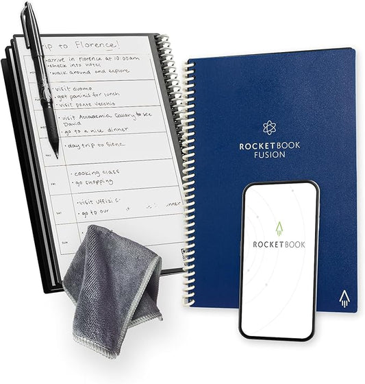 Rocketbook Fusion Reusable Undated Productivity Planner, Executive Size 6x8.8, Navy Blue - Goals, Monthly and Weekly Calendar, Daily To-do List, Lined and Dotted Notes Pages