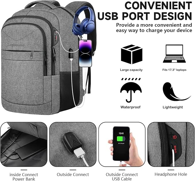 Lapsouno Extra Large Laptop Backpack, Travel Backpack, 17 Inch Carry on Backpack, Anti-Theft College School Computer Backpack with USB Port, Gift for Men Women,Grey