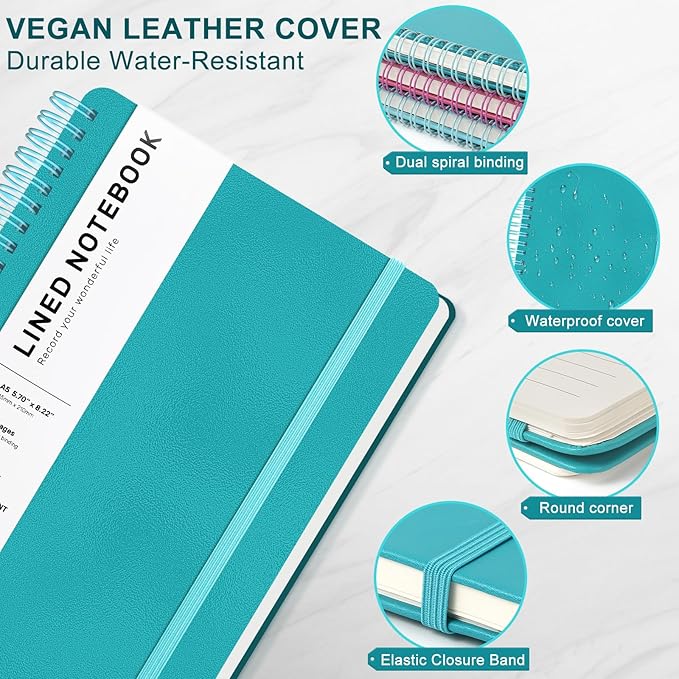 Lined Spiral Journal Notebook, A5 Hardcover Leather Notebook for Work, 5.7''×8.2'', 100GSM Thick Paper Spiral Bound Journaling Notebooks for Women & Men Office School Note Taking Business, Lake Blue