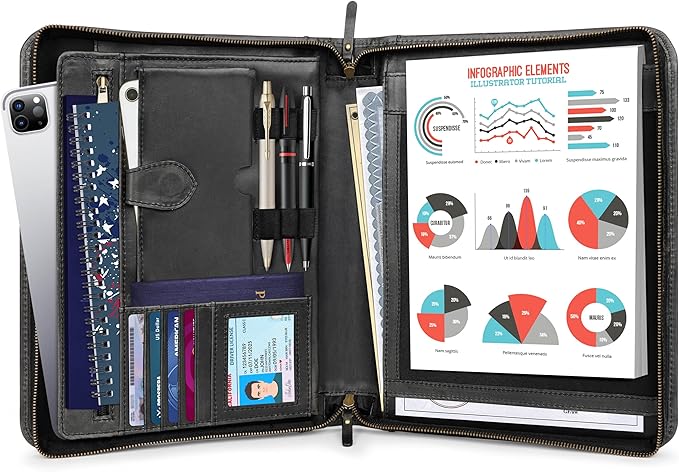 Leather Portfolio Professional Organizer Padfolio – Resume Folder, Document Binder w/Business Card Holder, Portfolios for Men & Women, Office & Business Supplies by Luxeoria | (Large - Black)