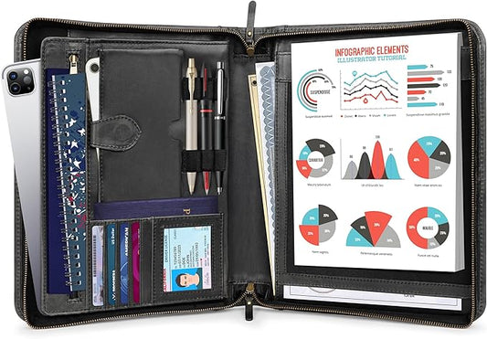 Leather Portfolio Professional Organizer Padfolio – Resume Folder, Document Binder w/Business Card Holder, Portfolios for Men & Women, Office & Business Supplies by Luxeoria | (Large - Black)