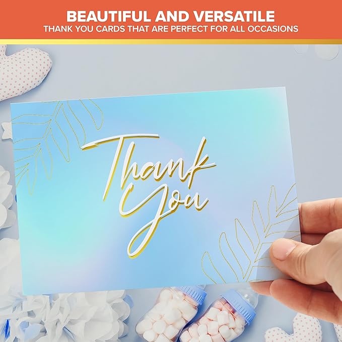 Decorably 24 Pack Gold-Foiled 6x4in Light Blue Thank You Cards with Envelopes and Stickers, 24 Elegant Designs Thank You Blue Cards, Blank Inside - Wedding, Baby Shower