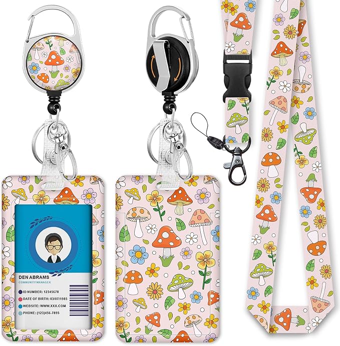 Giancomics Lanyards for Id Badges, Mushroom ID Badge Holder with Lanyard Badge Reel Retractable, Cute Lanyard with ID Holder Keychain Clip Name Tag Cute ID Card Holder for Teacher Women Work Office