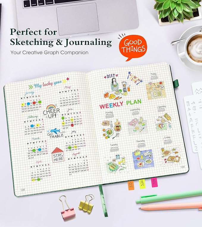 Graph Paper Notebook Journal, 360 Numbered Pages Grid Notebooks 8.5 x 11, Thick 100gsm Paper Graphing Notebook Journals for Women Men, A4 Large Hardcover Graph Leather Notebook Green