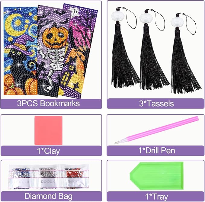 Anseal Halloween Diamond Painting Bookmarks for Book Lovers, Rhinestone PU Leather Diamond Art Bookmark for Women Girls, Tassel Beaded Book Mark for Graduation Birthday Reading Present (Halloween)