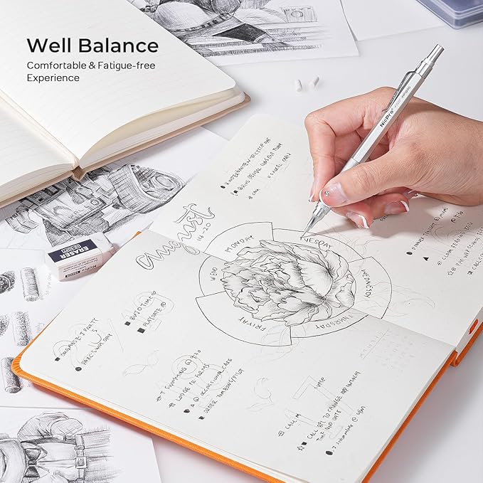 Nicpro 2 PCS Mechanical Pencils 0.5mm & 0.7 mm with Case, MP1000 Metal Artist Pencil Set with 6 Tubes HB Lead Refills, 3 Erasers, 9 Eraser Refills For Art Writing Drafting Drawing, Black & Silver