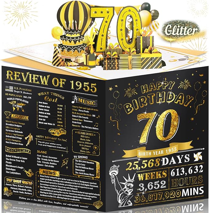 70th Birthday Card for Women Men, Jumbo 3D Pop Up 70th Bday Card for Mom Dad, Happy 70 Year Old Women Men Funny Birthday Gifts, Review of 1955, Black Gold