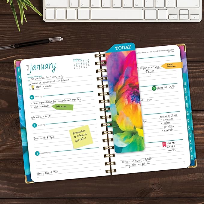 HARDCOVER 2025 Planner, 5.5"x8": 14 Months (November 2024 - December 2025), Daily Weekly Monthly Planner, Yearly Agenda, Bookmark, Pocket Folder and Sticky Note Set (Rainbow Petals)