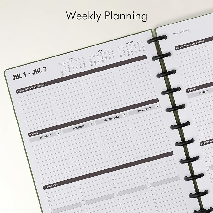 Nekmit Discbound Planner 2025, Work Breakdown Structure 12 Month Planner, 8.5"x11", Jan 2025 - Dec 2025 Daily, Weekly, Monthly Planner, Appointment Budget Book (Green)