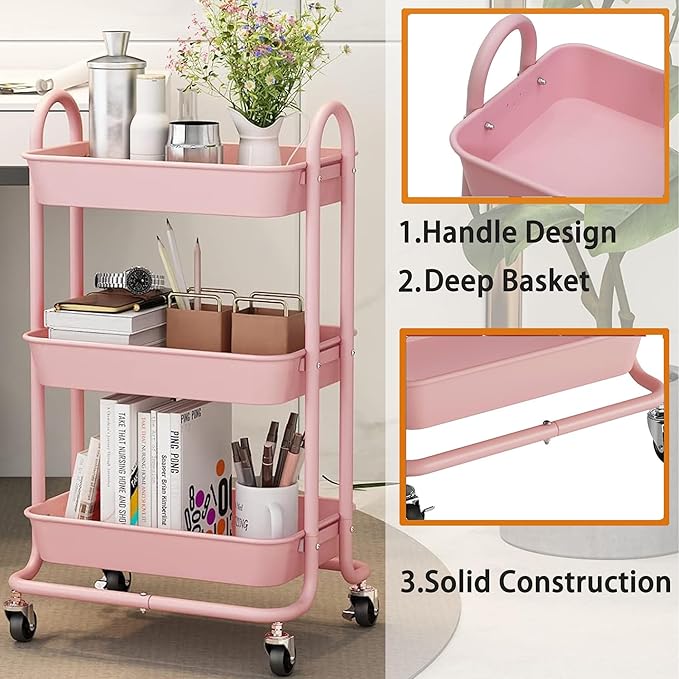 3-Tier Pink Utility Rolling Cart,Kitchen Storage Carts with Wheels,Pink Metal Rolling Cart for Office,Home,Kitchen,Garden（18"x11.4"x31.2"） Pink