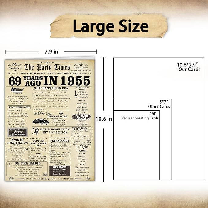 Large 69th Birthday Card Gifts for Women Men,Happy 69 Year Old Birthday Decorations Gifts Card for Husband Wife, Anniversary Wedding Gifts for Mom Dad,Back in 1955 Birthday Gift