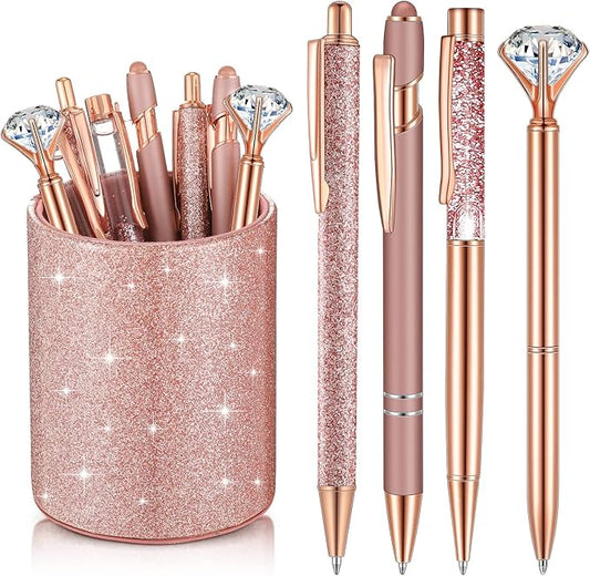 Sabary 8 Pcs Ballpoint Pens with Pen Holder for Desk Metal Crystal Diamond Pen Glitter Pencil Holder Fancy Pens Black Ink Bling Desk Organizer for Women Girls Office School Wedding Gifts (Rose Gold)