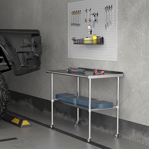 Stainless Steel Table with Wheels 30 x 48 Inches Metal Prep Table with Backsplash & Adjustable Undershelf, Stainless Table for Commercial Kitchen, Outdoor, Restaurant, Hotel & Garage