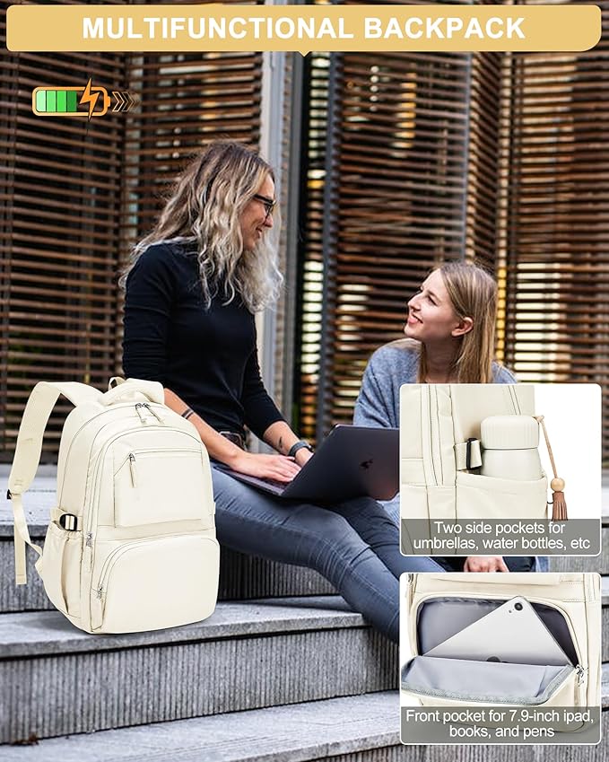 Lightweight School Backpack, College Bookbag for Boys Girls, 15.6 Inch Laptop Work Bag, Gym Backpack for Men Women, Large Capacity Waterproof Backpack for Campus School, Business, Beige