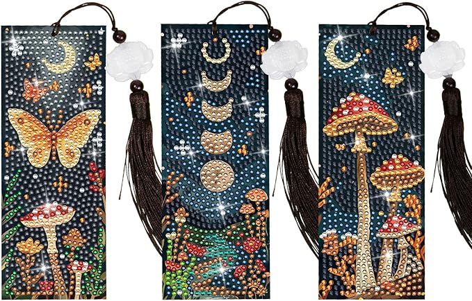 Anseal 3 Pcs 5D Diamond Bookmarks Painting for Book Lovers, Mushroom PU Leather Diamond Dotz Art Bookmark for Adults, Tassel Beaded Book Mark for Graduation Birthday Reading Present