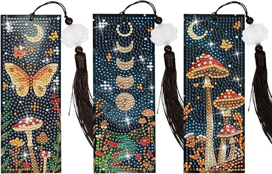 Anseal 3 Pcs 5D Diamond Bookmarks Painting for Book Lovers, Mushroom PU Leather Diamond Dotz Art Bookmark for Adults, Tassel Beaded Book Mark for Graduation Birthday Reading Present