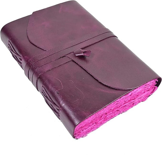 Vintage Purple Leather Journal - 200 Pages Pink Deckle Edge Rustic Paper - Unlined Pages Book of Shadows, Grimoire, Junk Scrapbook, Fantasy Medieval Gifts, Sketchbook (Mystical Purple, 9"x6")